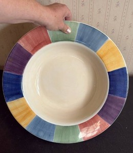 lot 2042 image: 15 Inch Diameter Ceramic Fruit Bowl Colorful Rim Band Design
