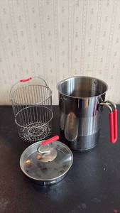 lot 2046 image: New Stainless Steel 4th Burner Cooking Pot with Lid, Basket and Red Handles
