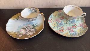 lot 2066 image: Lot of 2 Floral Painted Tea Cup and Cake Sets