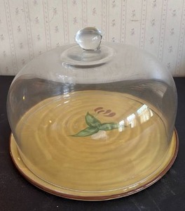 lot 2074 image: Glass Dome Cake Cover with Ceramic Base Plate Approximately 13 Inches Diameter
