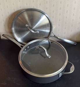 lot 2075 image: Calphalon Skillet and Frying Pan with Lids Approximately 12 Inches Diameter