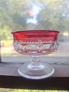 lot 3001 image: Tiffin Glass Kings Crown thumbprint cranberry sherbet glasses - 2nd Set of 6