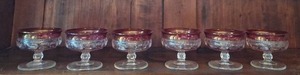 lot 3002 image: Tiffin Glass Kings Crown thumbprint cranberry sherbet glasses - 3rd Set of 6