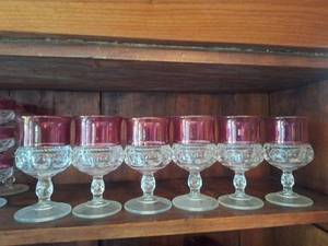 lot 3004 image: Tiffin Glass Kings Crown Thumbprint Cranberry - Set of 6