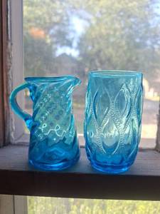 lot 3025 image: Blue Glass Pitcher and Tumbler  2 Pieces Textured Pattern
