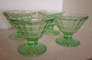 SET OF 4 URANIUM BLOCK OPTIC GREEN DEPRESSION GLASS SHERBERT PEDESTAL CUPS