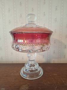 lot 3053 image: 7 Inch Tall Pedestal Candy Dish with Lid Red Glass Embossed Relief Pattern