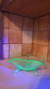 Uranium Glass Three Sided and Three Footed Bowl with Wavy Rim