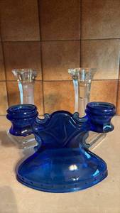 lot 4032 image: Blue Glass Candelabra Two-Arm and Pair Clear Glass Candlesticks