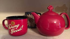 lot 4036 image: Chantal Teapot, Sunflower Mug, and Enamelware Mug