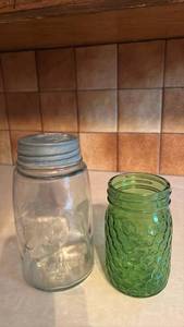 lot 4037 image: Vintage Mason Jar with Metal Lid and Honeycomb Jar in Green