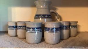 lot 4040 image: Inspirational Scripture Ceramic Pitcher and 6 Cups Set