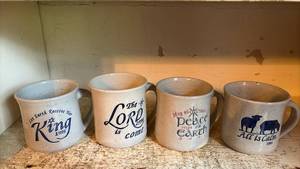 lot 4041 image: 4 Stoneware Religious Scripture Verses Christmas Mugs