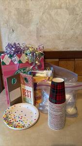 lot 4049 image: Party Tableware Bundle Paper Cups Plastic Cutlery, Wine Bottle Gift Tags.