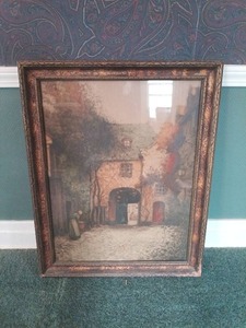 lot 5200 image: Framed Print European Courtyard Street Scene 27 inches tall by 21 12 inches wide
