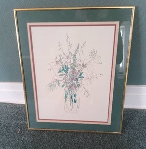 lot 5201 image: Framed Botanical Print Flowers in Vase Line Drawing