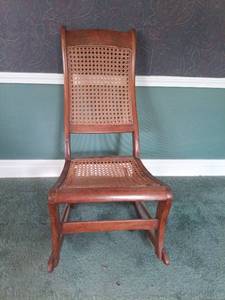 lot 5202 image: Wooden Rocking Chair with Woven Cane Seat and Back