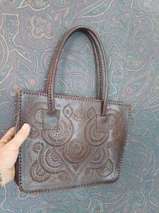 lot 5218 image: Brown Tooled Leather Tote Bag with Whipstitched Edges