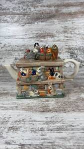 lot 101 image: Decorative Ceramic Teapot with Rabbit and Vegetable Market Scene