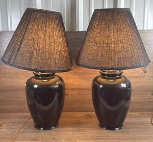 lot 127 image: Pair of black Glazed Ceramic Urn Table Lamps with Woven Shades