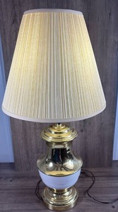 lot 129 image: Gold Tone and White Urn Style Table Lamp with Pleated Shade