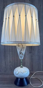 lot 131 image: Mid-Century Ceramic Table Lamp with Pleated Shade and Gold Scroll Detail