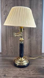lot 133 image: Brass and Black Marble Swing Arm Table Lamp with Pleated Shade