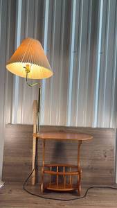 lot 138 image: Wood End Table with Magazine Rack and Floor Lamp