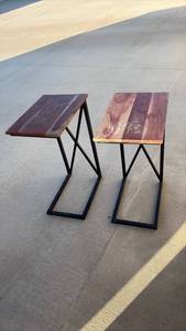 lot 145 image: Set of 2 Wood Top C-Tables with Metal Geometric Base