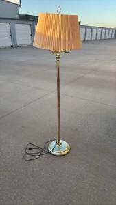 lot 152 image: Brass Tone Floor Lamp with Pleated Shade and 3-Light Candelabra Top