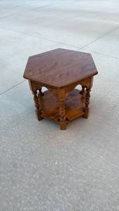 lot 154 image: Hexagonal Two-Tier Walnut Wood Side Table with Turned Legs