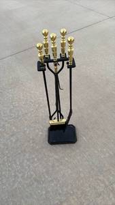 lot 161 image: Brass and Black Iron Fireplace Tool Set with Stand