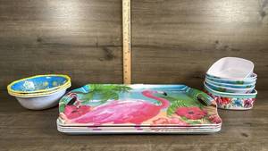 lot 164 image: Tropical Flamingo Melamine Serving Trays and Bowls Set