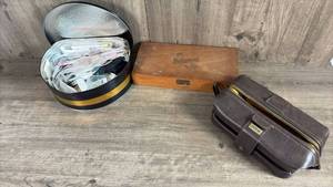 lot 224 image: Balmoral Cigar Box, Decorative Tin with Sewing Notions, and Dopp Leather Toiletry Bag Set