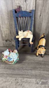 lot 241 image: Cat Figurine Collection with Fitz and Floyd Lidded Box, Folk Art Chair, and Wood Cat