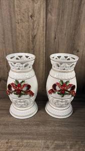 lot 269 image: Pair of White Ceramic Vases with Red Bow and Holly Motif, Gold Trim