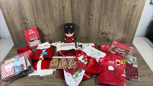 lot 271 image: Holiday Style Christmas Decor Lot - Stockings, Lights, Linens, Figurine, Gift Tags
