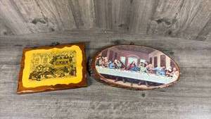 lot 280 image: 2 Wood Wall Plaques Yellow Print Omnibus Last Supper Religious Art