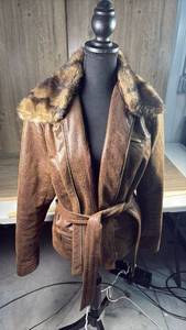 lot 293 image: Brown Pebbled Leather Jacket with Fur Collar and Belt