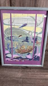 lot 320 image: Marjorie Nelson Framed Underwater Illustration Print with Three-Panel Design