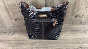 lot 336 image: Jaclyn Smith Croc Embossed Hobo Bag Black Brown Leather Shoulder Handbag