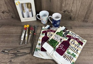 lot 343 image: Cheese Knives Set with Wine Accessories and Kitchen Textiles Lot