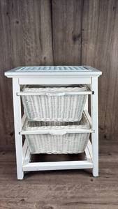 lot 368 image: White Wood Storage Unit 3 Woven Baskets Drawer Top