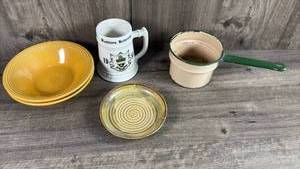 lot 376 image: Mixed Lot 4 Pieces Yellow Bowl Pottery Plate Enamel Saucepan White Mug