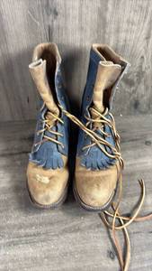 lot 405 image: Justin Pair Lace-Up Work Boots Blue Tan Two-Tone Fringed Collar