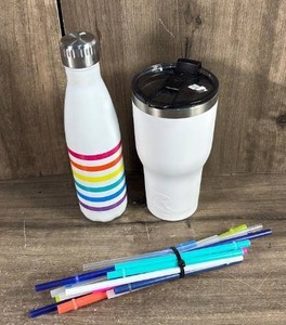 lot 482 image: Insulated Drinkware Lot 2 Tumblers Rainbow Stripes Stainless Steel with Straws