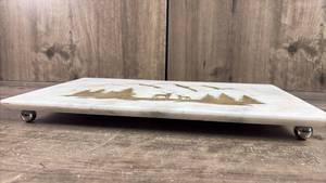 lot 508 image: Marble Decorative Tray with Etched Mountain and Evergreen Design