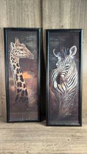 lot 519 image: Framed Wildlife Art Prints Giraffe Zebra Signed 2-Piece Set