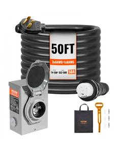 lot 19955 image: VEVOR 50 Amp Generator Cord and Power Inlet Box Kit, 50FT, NEMA 14-50PSS2-50R STW 6381 AWG Generator Power Cord with Twist Lock Connector, Pre-Drilled Inlet Box for Generator to House, ETL Listed - Retail $290