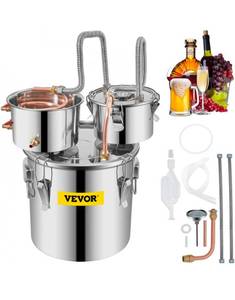 lot 19986 image: VEVOR Moonshine Still Distiller 3Gal 12L Stainless Steel Water Distiller Copper Tube with Circulating Pump Home Brewing Kit Build-in Thermometer for DIY Whisky Wine Brandy Spirits - Retail $88